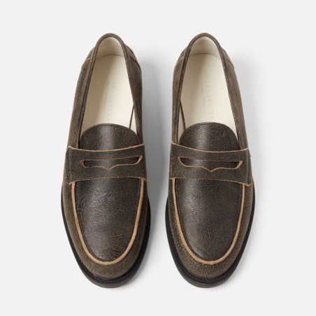 All-New Wilde Brown Cracked Leather Penny Loafer - Men's Immediate Availability